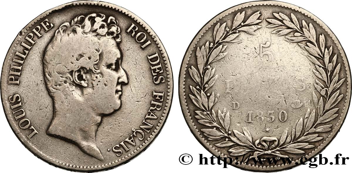 5 francs type Tiolier sans le I, tranche en creux 1830 Lyon F.313/3 B12 