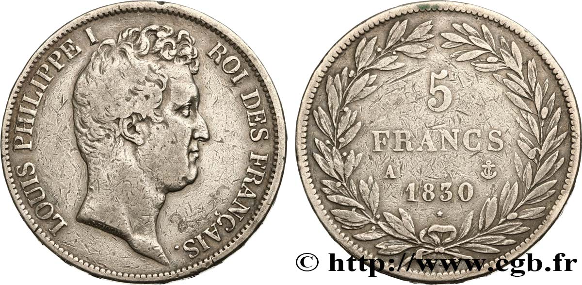 5 francs type Tiolier avec le I, tranche en relief 1830 Paris F.316/1 VF25 