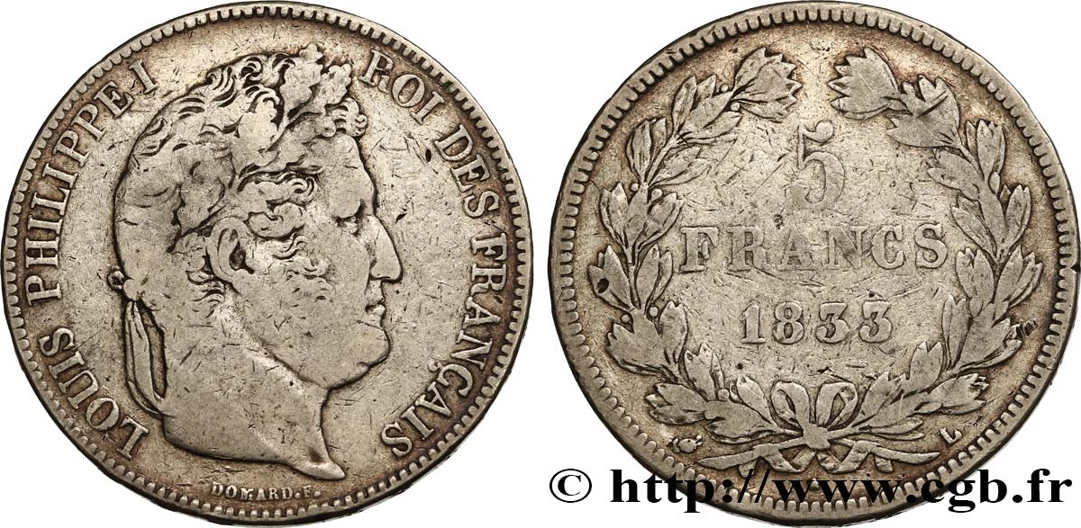 5 francs IIe type Domard 1833 Bayonne F.324/22 VF20 