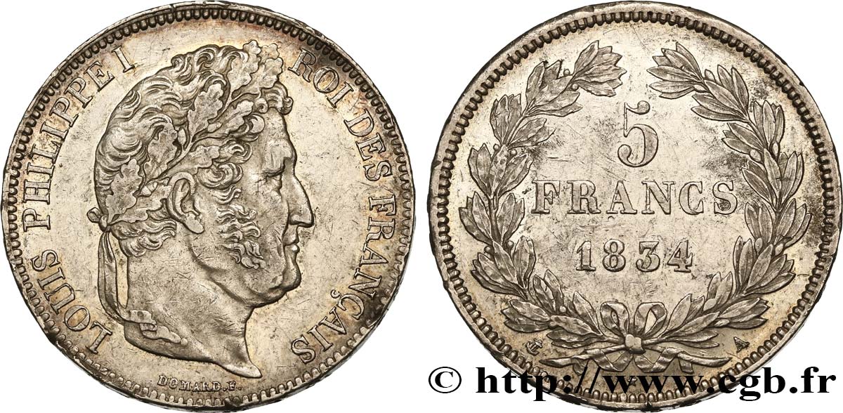 5 francs IIe type Domard 1834 Paris F.324/29 BB50 