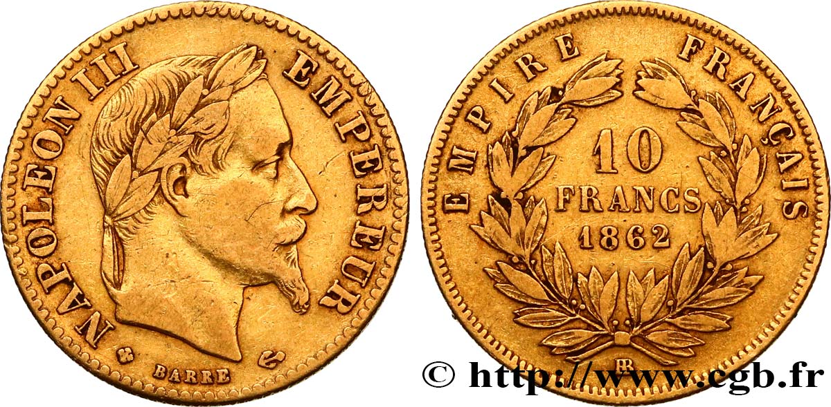 10 francs or Napoléon III, tête laurée 1862 Strasbourg F.507/2 TB30 