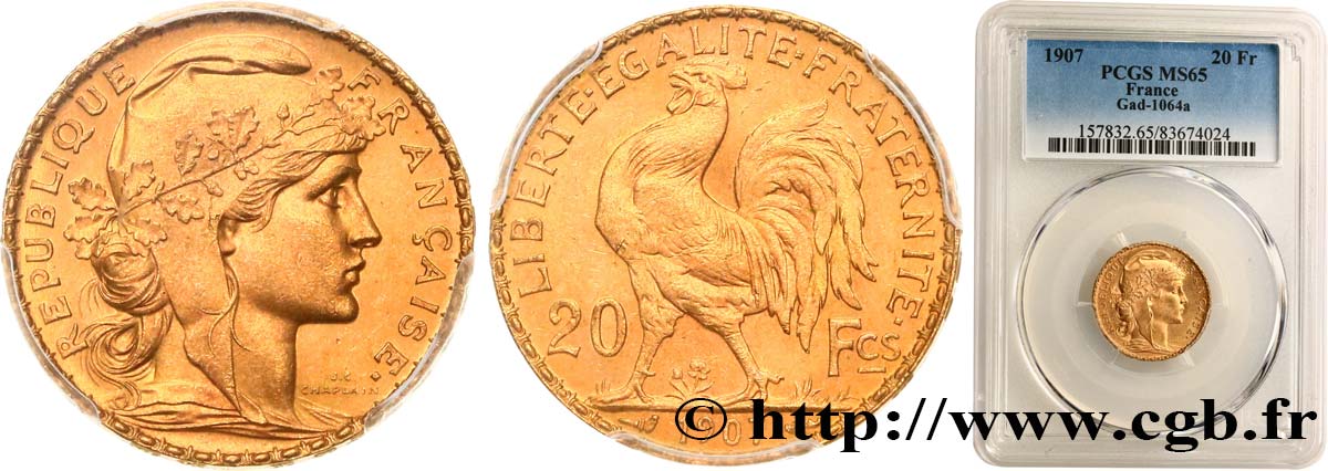 20 francs or Coq, Liberté Égalité Fraternité 1907 Paris F.535/1 ST65 PCGS