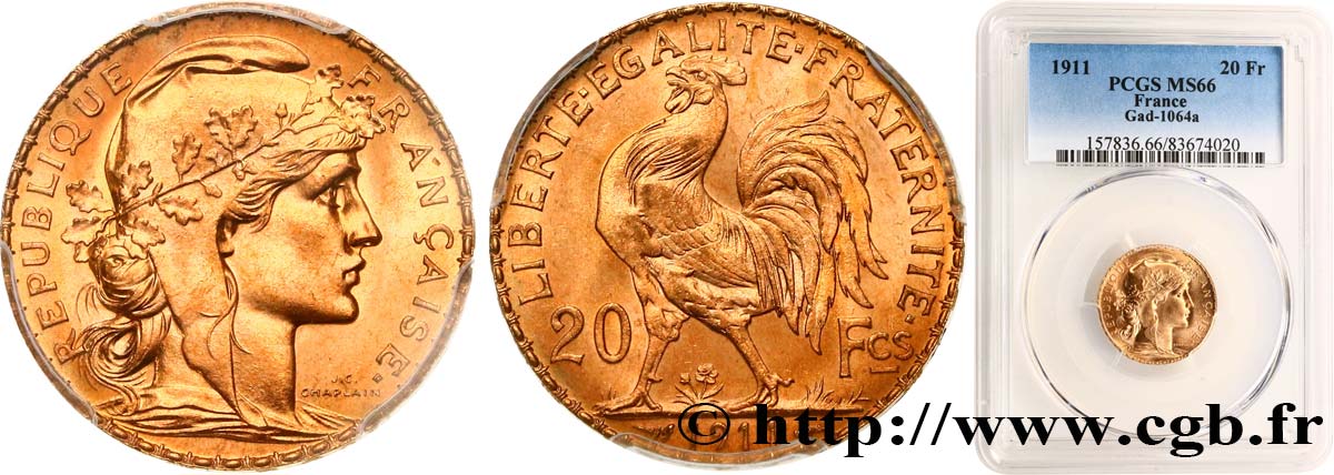 20 francs or Coq, Liberté Égalité Fraternité 1911 Paris F.535/5 ST66 PCGS
