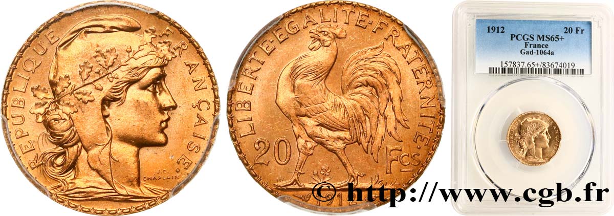 20 francs or Coq, Liberté Égalité Fraternité 1912 Paris F.535/6 ST65 PCGS