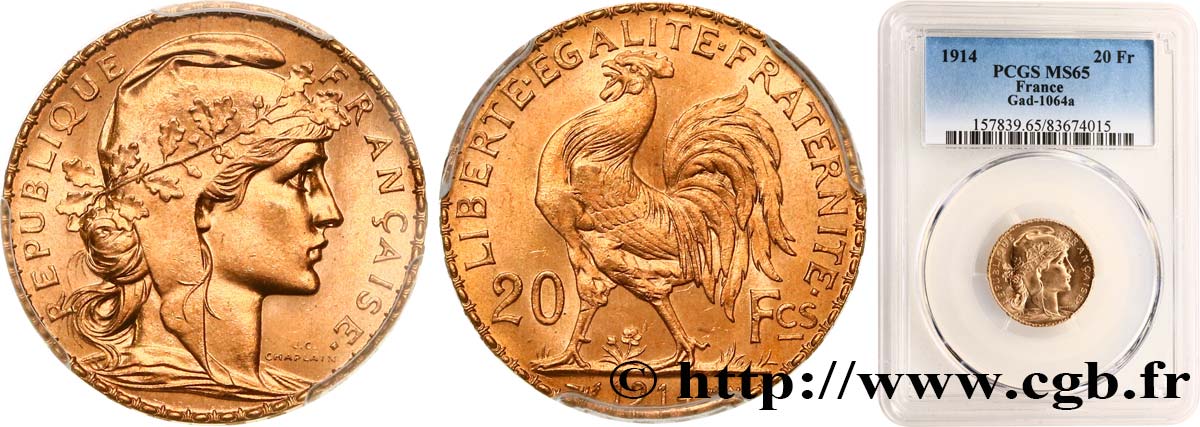 20 francs or Coq, Liberté Égalité Fraternité 1914 Paris F.535/8 FDC65 PCGS