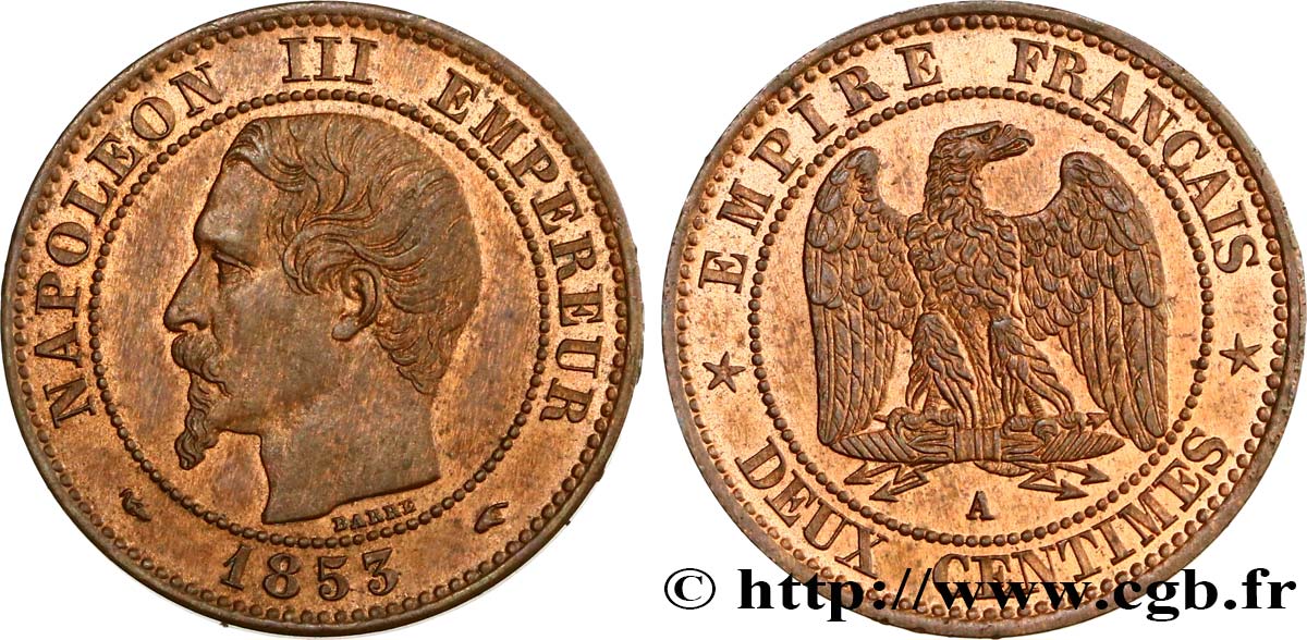 Deux centimes Napoléon III, tête nue 1853 Paris F.107/1 MS64 