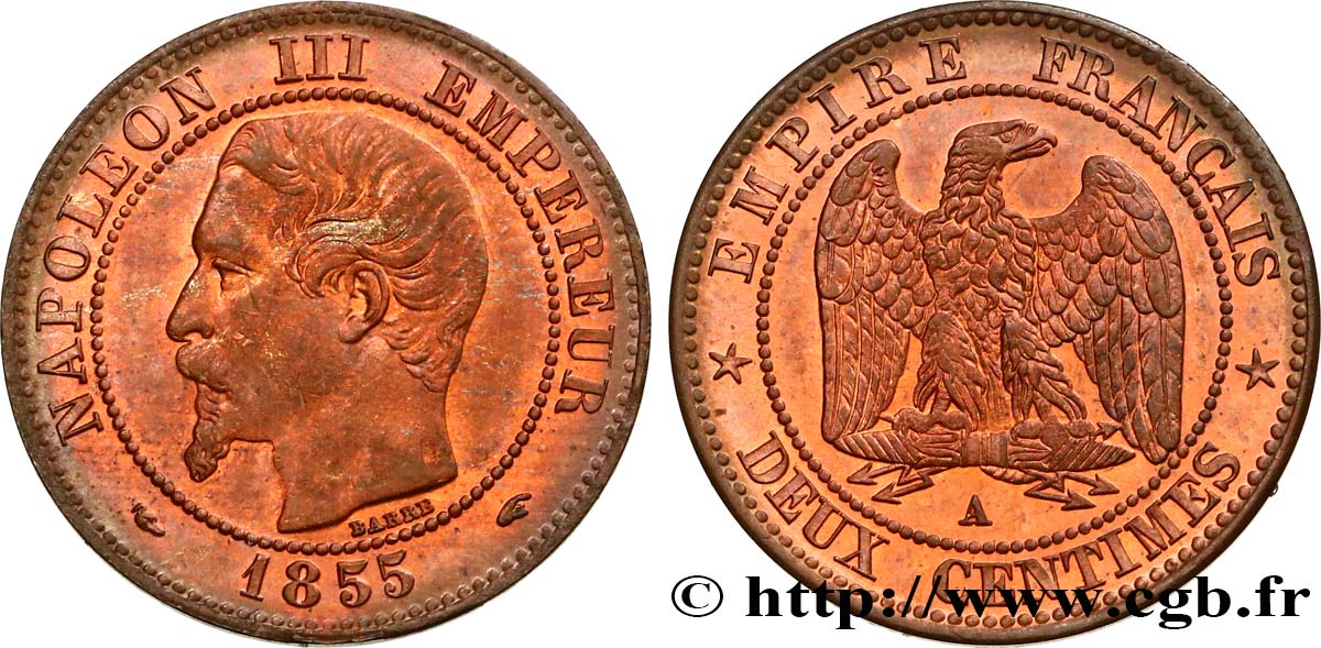 Deux centimes Napoléon III, tête nue 1855 Paris F.107/19 SPL55 