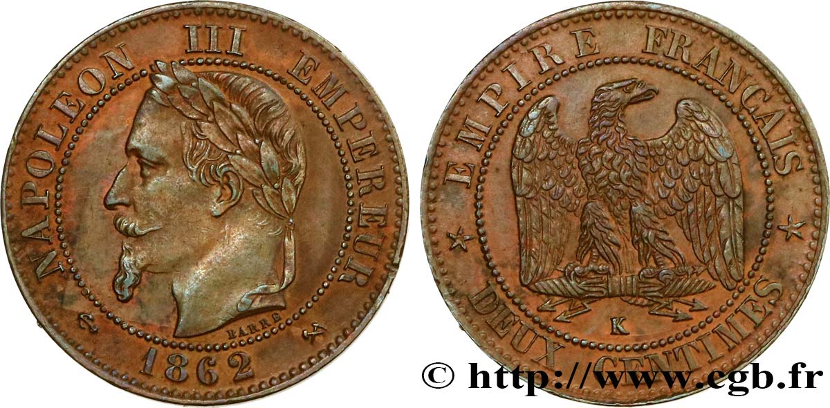 Deux centimes Napoléon III, tête laurée 1862 Bordeaux F.108A/7 AU50 