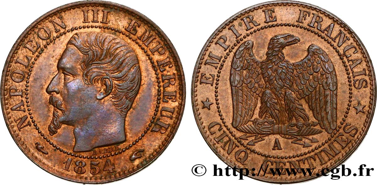 Cinq centimes Napoléon III, tête nue 1854 Paris F.116/8 SUP60 