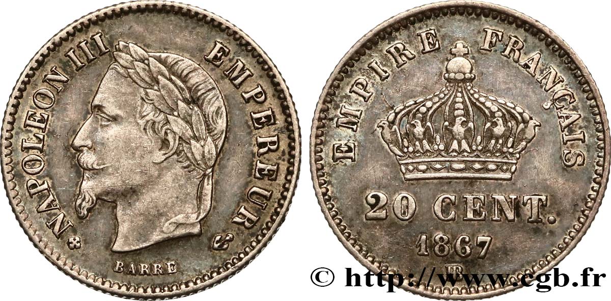 20 centimes Napoléon III, tête laurée, grand module 1867 Strasbourg F.150/2 SS48 