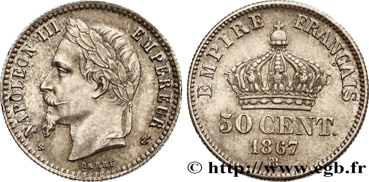 50 centimes Napoléon III, tête laurée 1867 Strasbourg F.188/16 EBC58 
