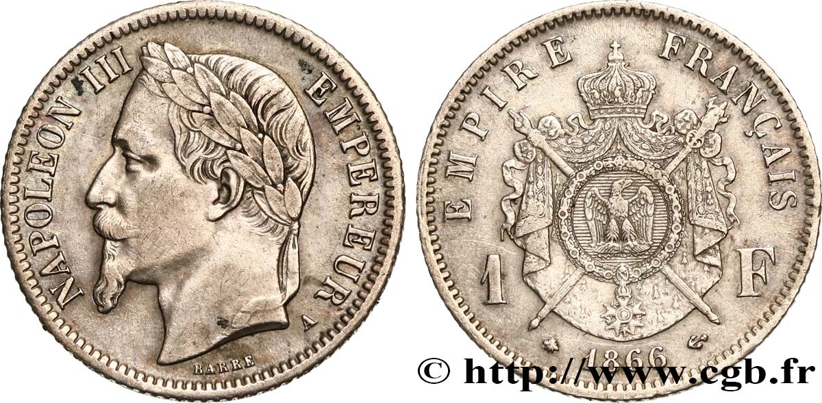 1 franc Napoléon III, tête laurée 1866 Paris F.215/3 MBC45 