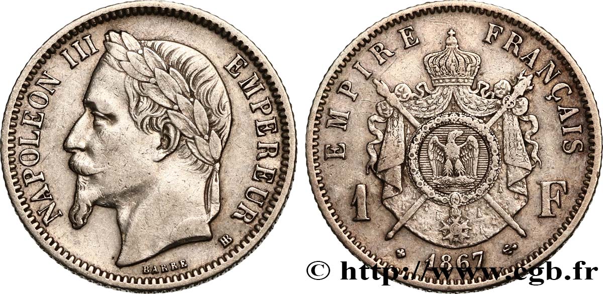 1 franc Napoléon III, tête laurée 1867 Strasbourg F.215/7 MBC40 