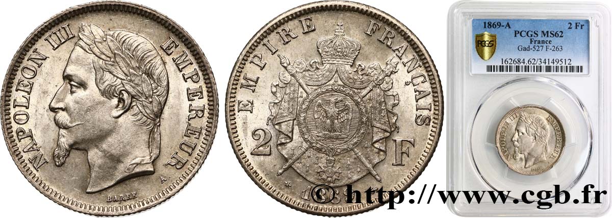 2 francs Napoléon III, tête laurée  1869 Paris F.263/10 MS62 PCGS