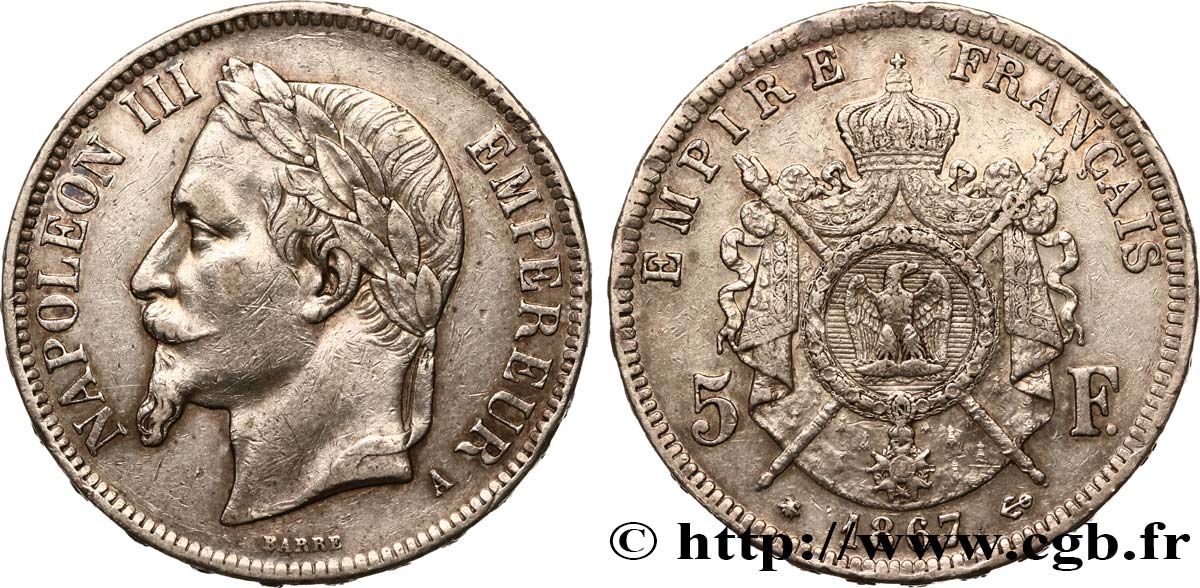 5 francs Napoléon III, tête laurée 1867 Paris F.331/10 XF45 