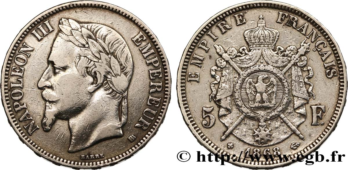 5 francs Napoléon III, tête laurée 1868 Strasbourg F.331/13 MB 