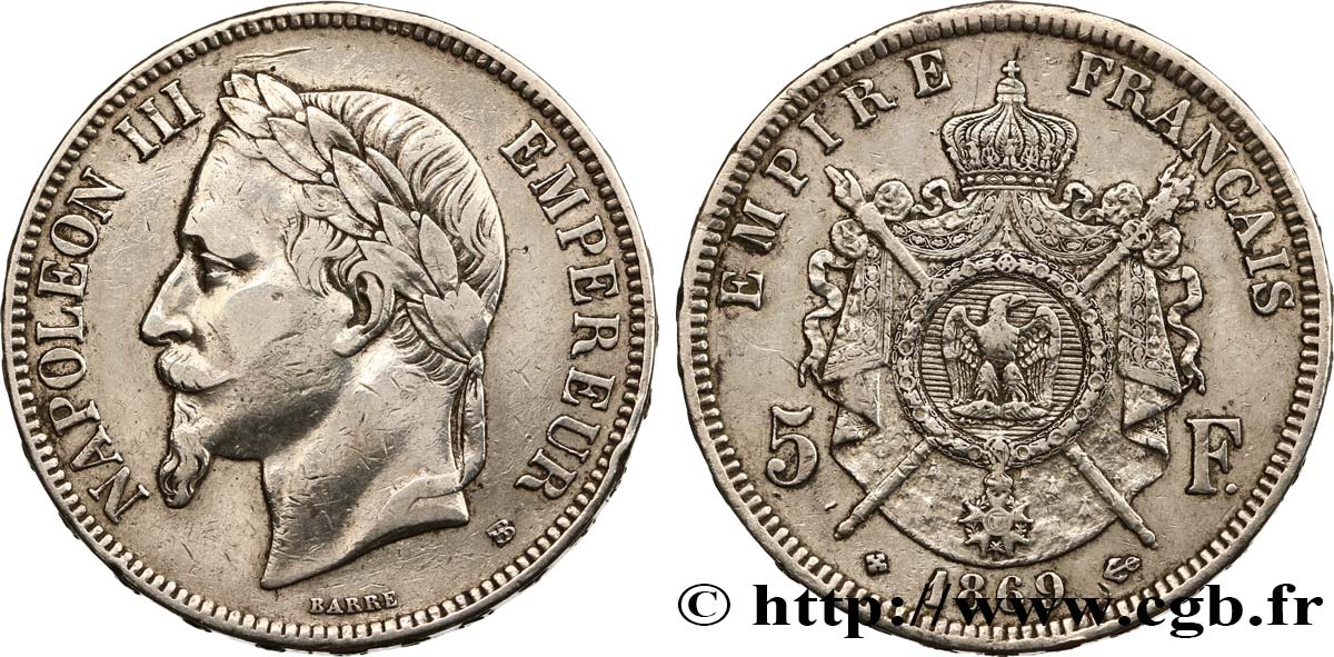 5 francs Napoléon III, tête laurée 1869 Strasbourg F.331/15 q.BB 