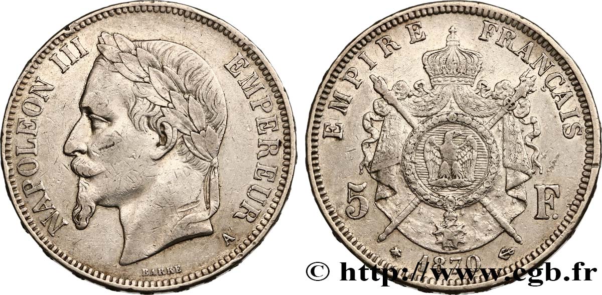 5 francs Napoléon III, tête laurée 1870 Paris F.331/16 XF40 