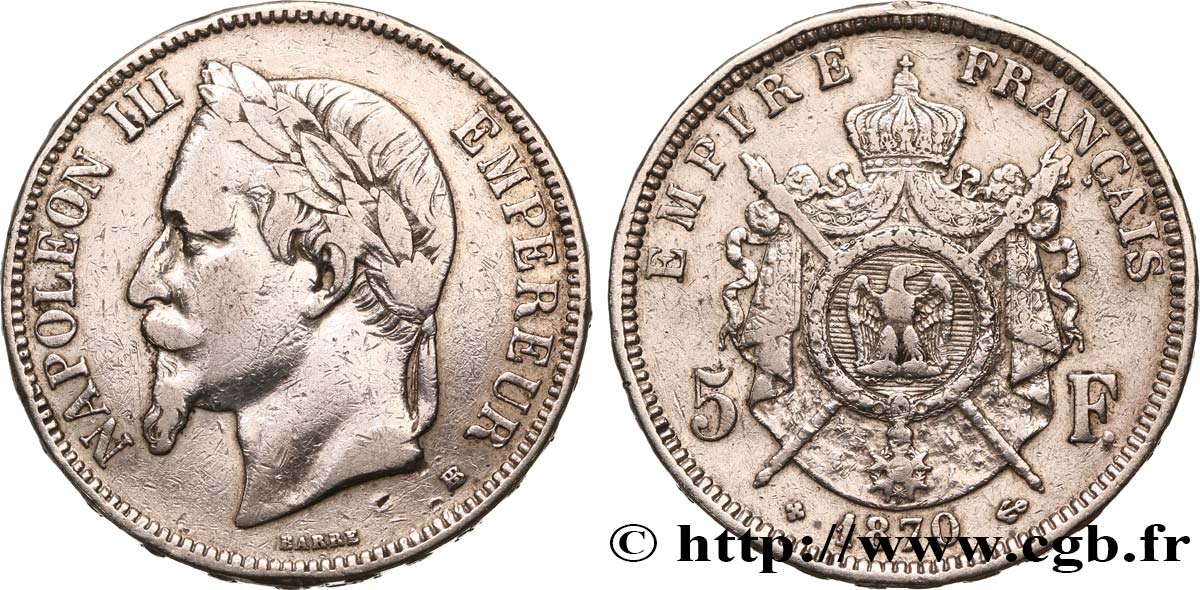 5 francs Napoléon III, tête laurée 1870 Strasbourg F.331/17 S 