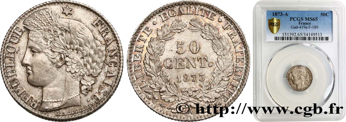 50 centimes Cérès, IIIe République 1873 Paris F.189/5 MS65 PCGS