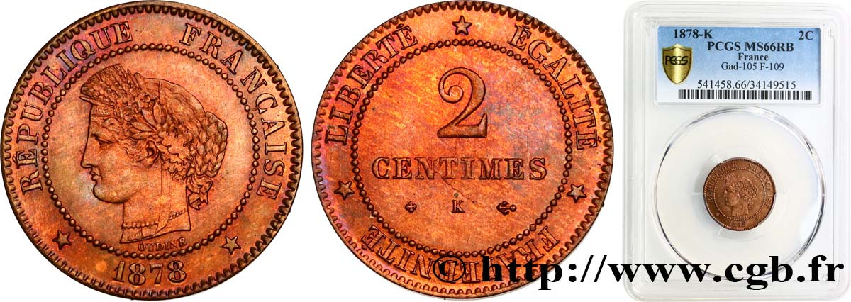 2 centimes Cérès 1878 Bordeaux F.109/4 ST66 PCGS