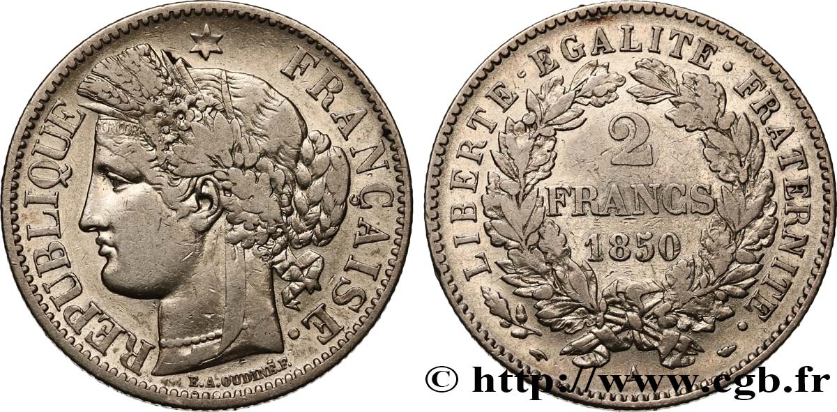 2 francs Cérès, IIe République 1850 Paris F.261/4 VF35 