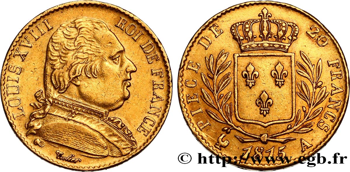 20 francs or Louis XVIII, buste habillé 1815 Paris F.517/10 AU50 