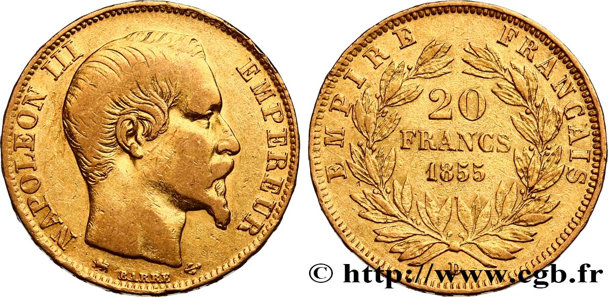 20 francs or Napoléon III, tête nue 1855 Lyon F.531/7 VF35 