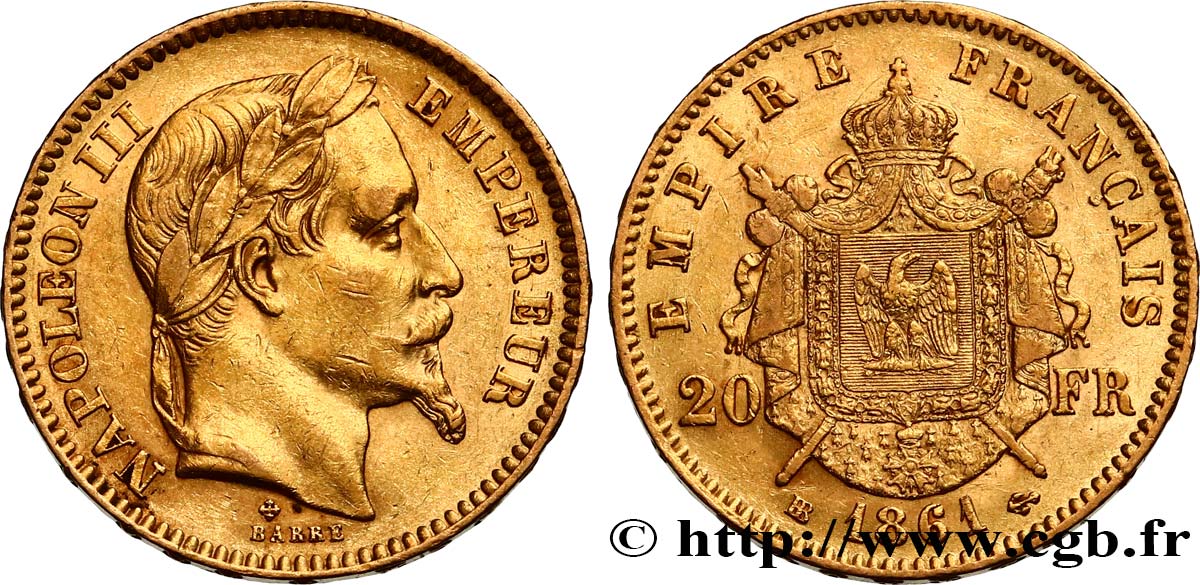 20 francs or Napoléon III, tête lauré 1861 Strasbourg F.532/2 SS40 