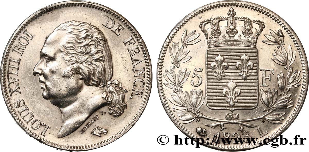 5 francs Louis XVIII, tête nue 1823 Bayonne F.309/83 q.SPL 