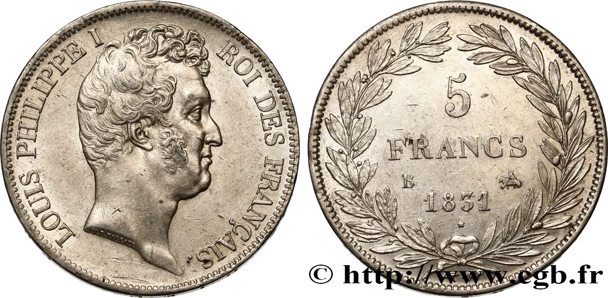 5 francs type Tiolier avec le I, tranche en creux 1831 Rouen F.315/15 MBC52 