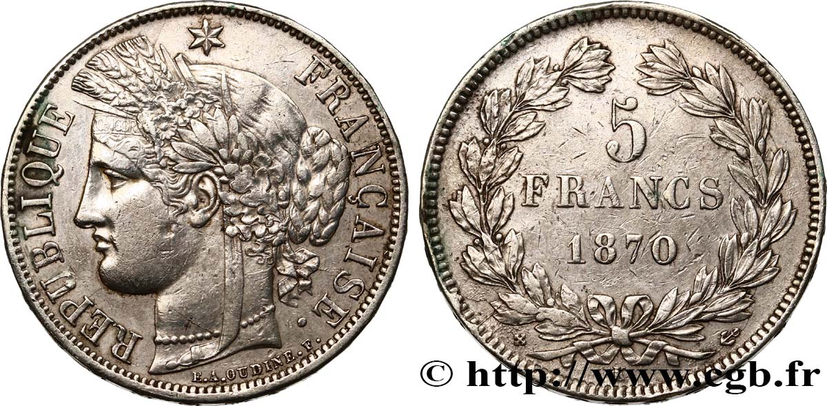 5 francs Cérès, sans légende 1870 Bordeaux F.332/2 BC+ 