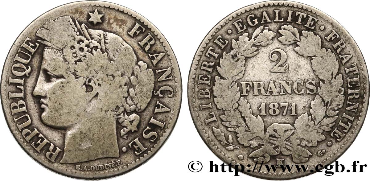 2 francs Cérès, avec légende 1871 Bordeaux F.265/6 TB15 
