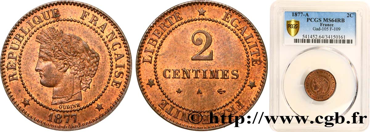 2 centimes Cérès 1877 Paris F.109/2 SC64 PCGS