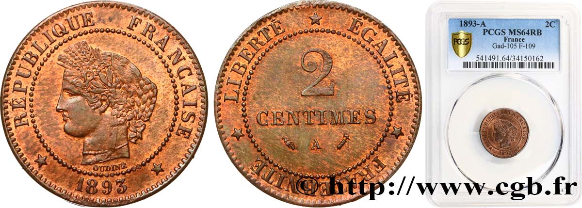 2 centimes Cérès 1893 Paris F.109/19 MS64 PCGS