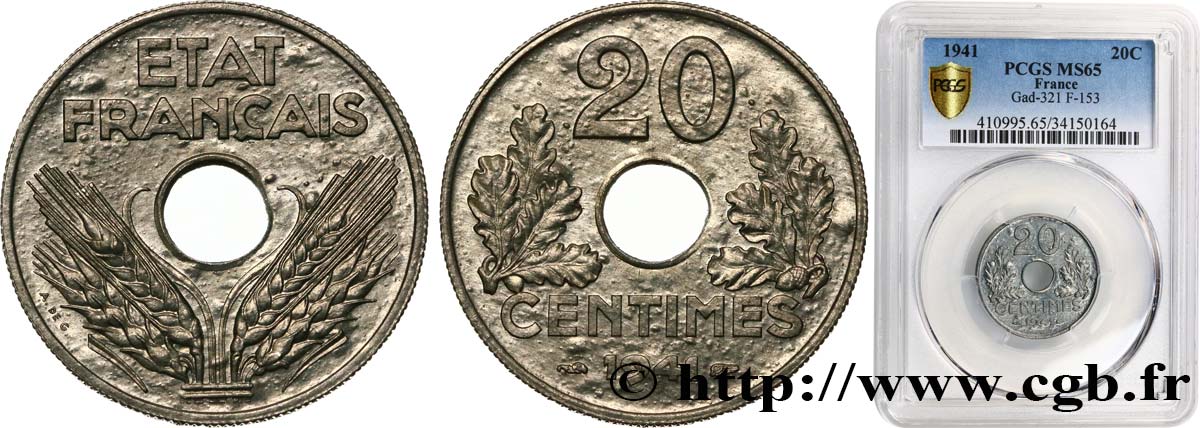 20 centimes État français, lourde 1941  F.153/2 FDC65 PCGS