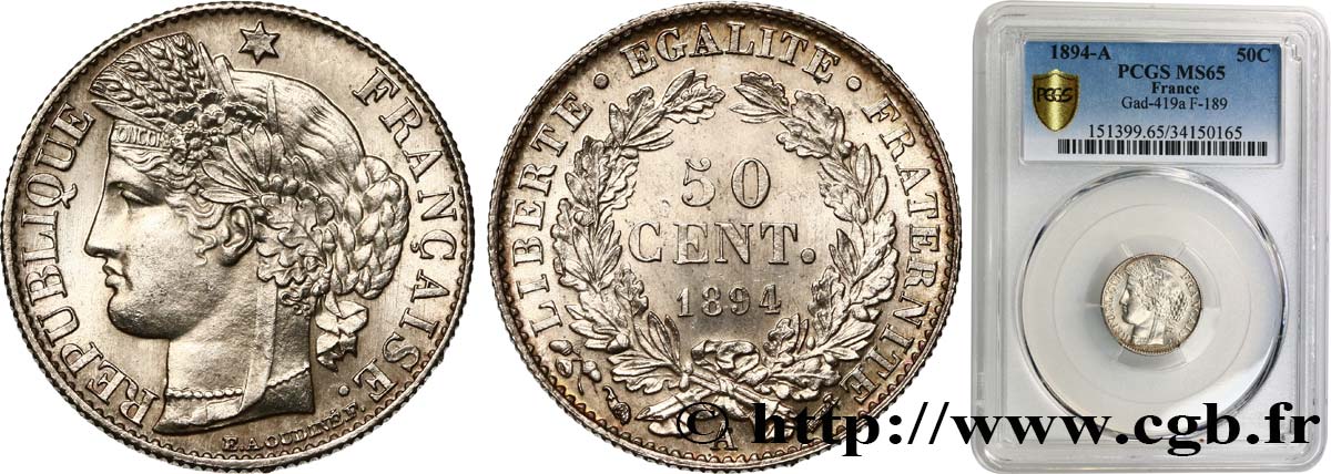 50 centimes Cérès, Troisième République 1894 Paris F.189/15 FDC65 PCGS