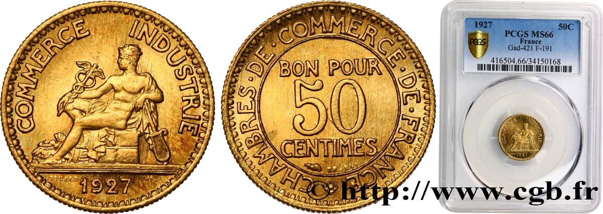 50 centimes Chambres de Commerce 1927 Paris F.191/9 MS66 PCGS
