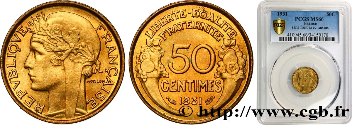 50 centimes Morlon, avec raisin sans fruit 1931  F.192/4 ST66 PCGS