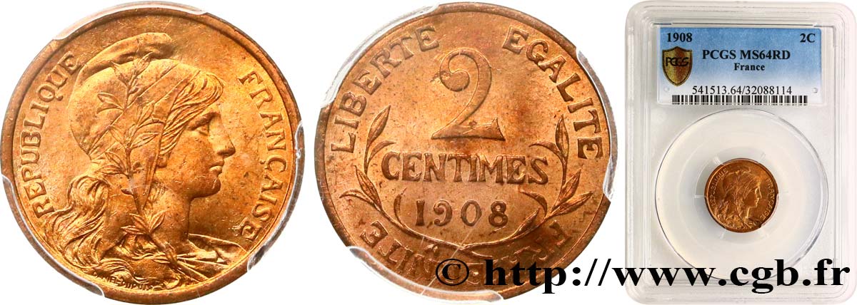 2 centimes Daniel-Dupuis 1908 Paris F.110/11 SPL64 PCGS