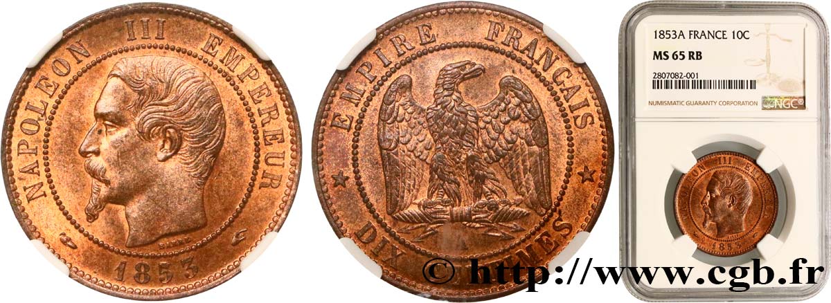 Dix centimes Napoléon III, tête nue 1853 Paris F.133/2 MS65 NGC