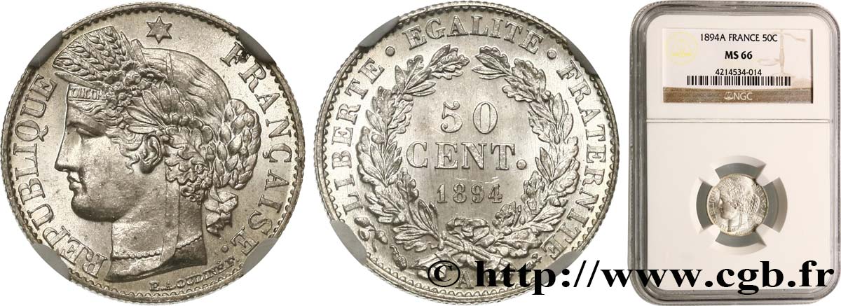 50 centimes Cérès, Troisième République 1894 Paris F.189/15 MS66 NGC