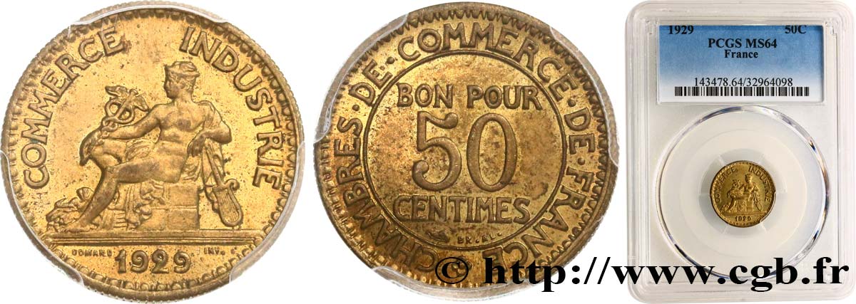 50 centimes Chambres de Commerce 1929 Paris F.191/11 fST64 PCGS