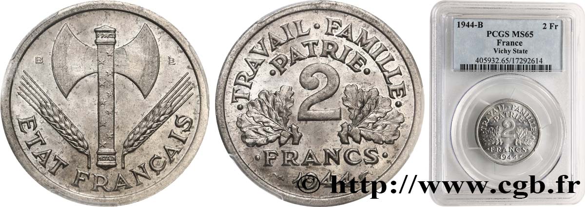 2 francs Francisque 1944 Beaumont-Le-Roger F.270/5 ST65 PCGS
