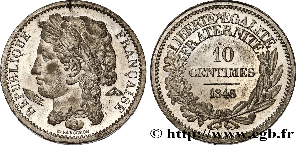 Concours de 10 centimes, essai en étain par Farochon, deuxième revers 1848 Paris VG.3139 var. MS60 