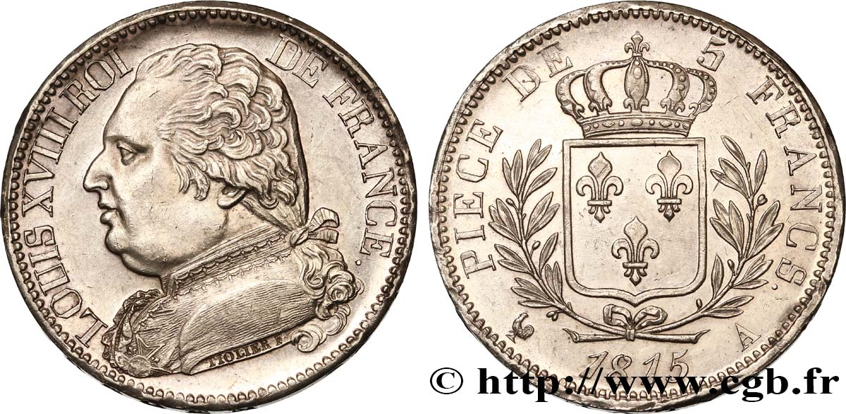 5 francs Louis XVIII, buste habillé 1815 Paris F.308/14 SUP60 