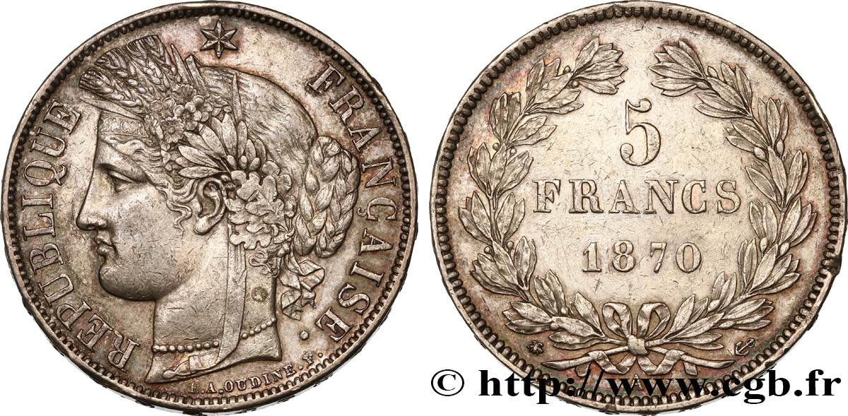 5 francs Cérès, sans légende 1870 Paris F.332/1 AU50 