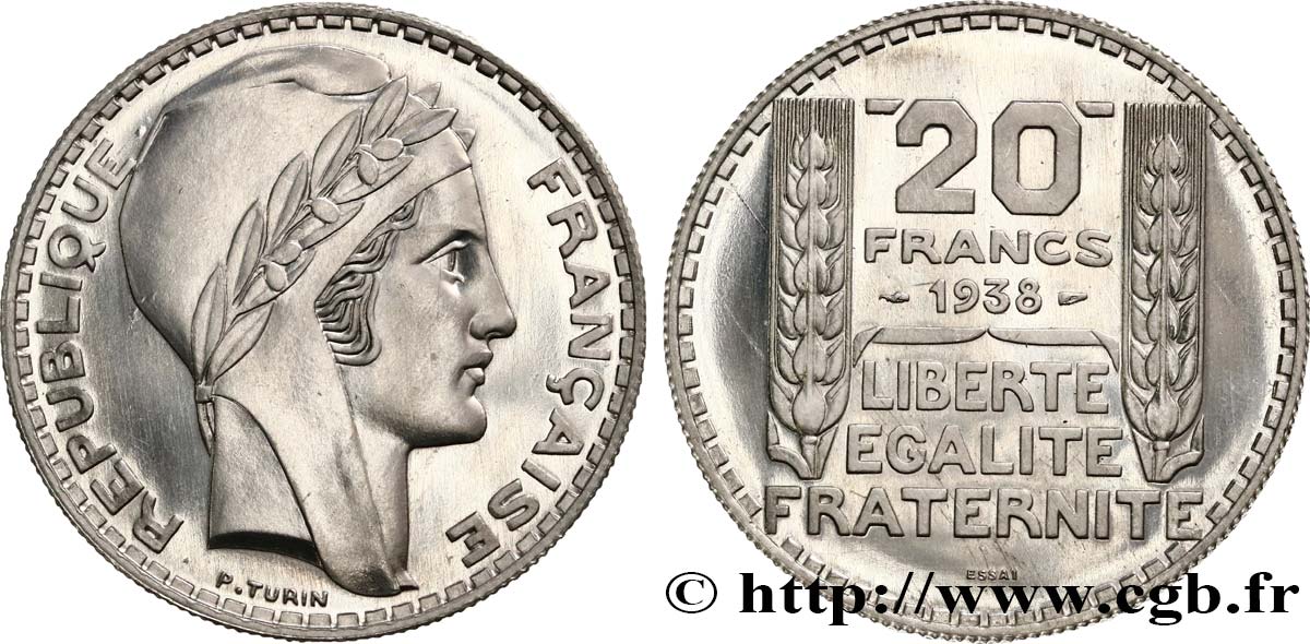 ESSAI 20 francs Turin en aluminium, tranche striée, 3,6 g 1938  GEM.200 6 MS63 
