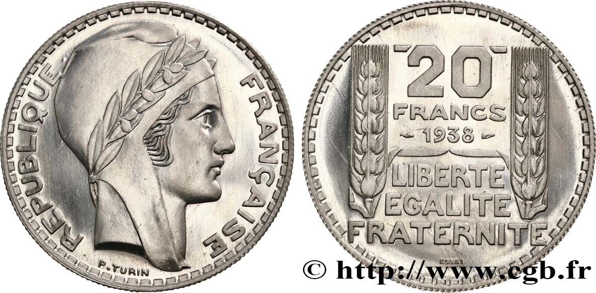 ESSAI 20 francs Turin en aluminium, tranche striée, 3,6 g 1938  GEM.200 6 SC63 