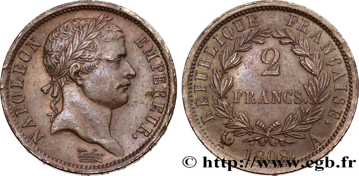 2 francs Napoléon Ier tête laurée, République française 1808 Paris F.254/4 AU58 